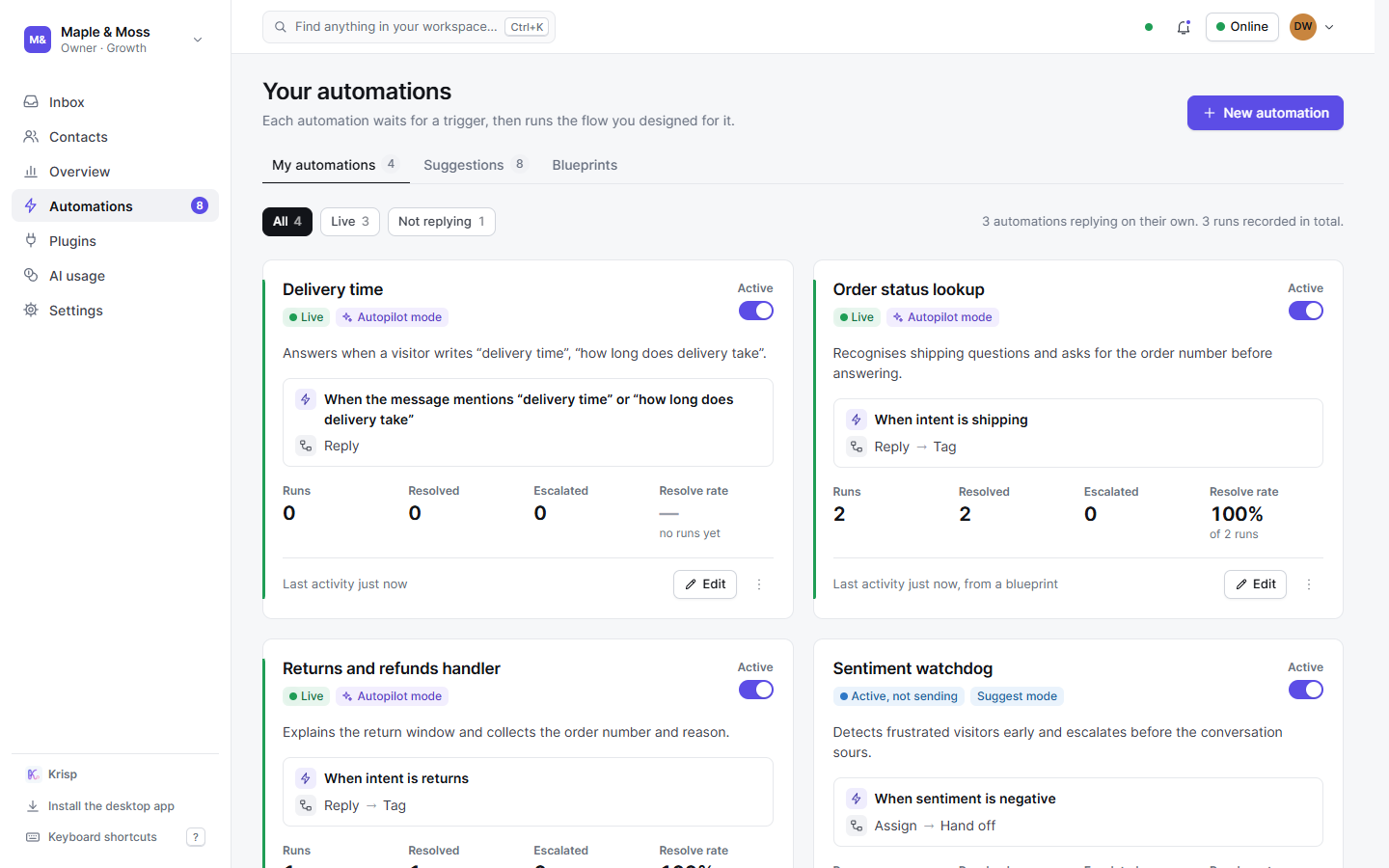 The automations page with the flows a workspace runs, their mode, status and run counts.