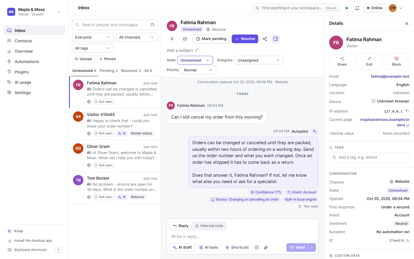 The inbox: the conversation list on the left, a thread in the middle, the visitor’s details on the right.