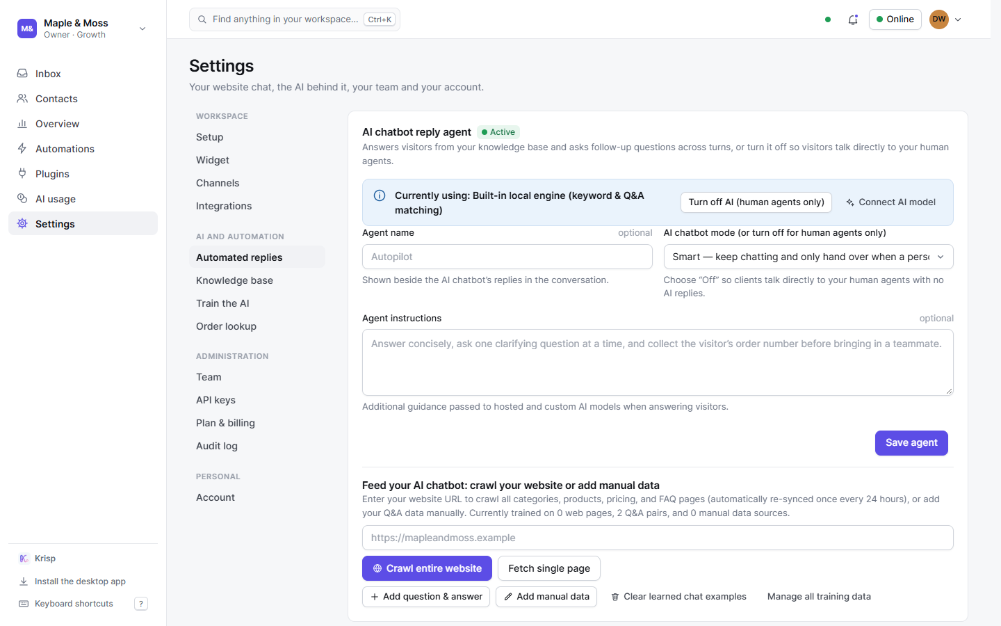 Automated replies: standard messages in the workspace’s words, and a reply to a specific question.