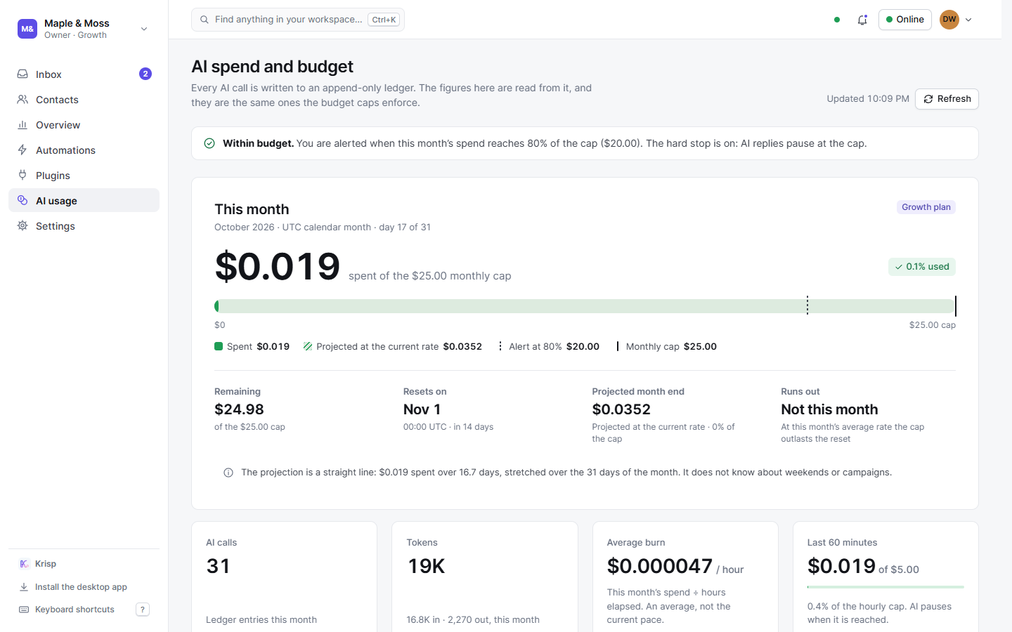 The AI usage page: month-to-date spend, the cap, and the breakdown by day and model.