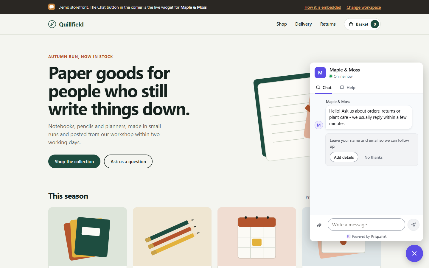 The chat open on a shop’s page: the shop’s logo in the header, a greeting, and the composer.